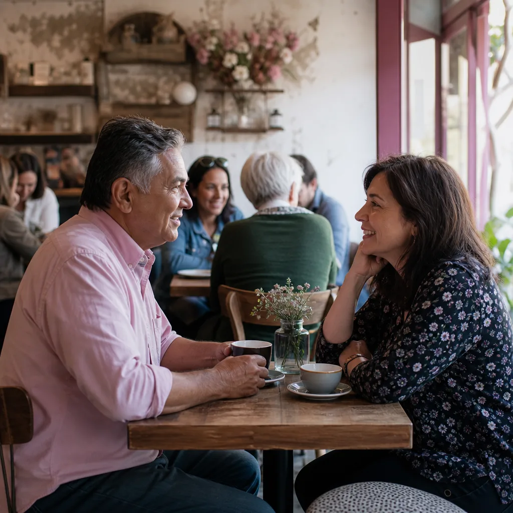 Two mature adults talking over coffee in a busy Reading cafe