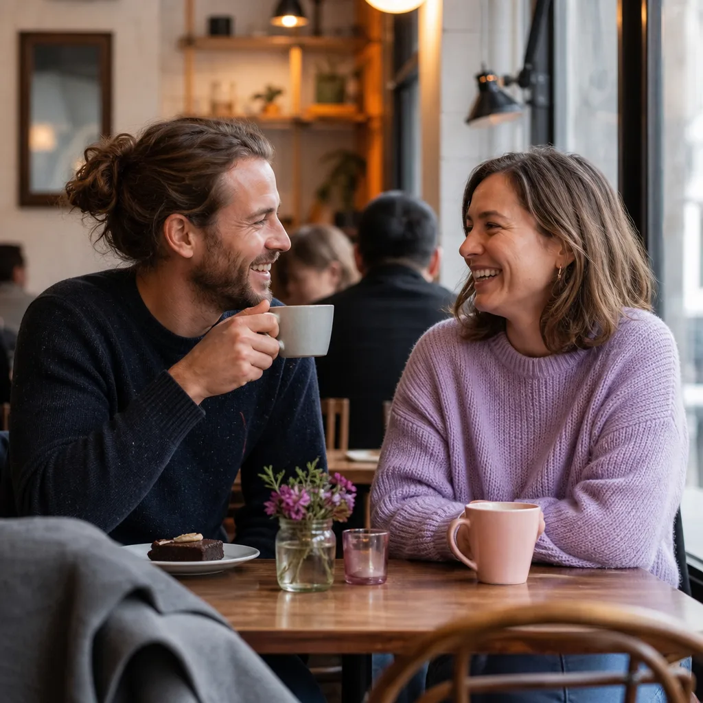 A relaxed first-date conversation at a cafe in Reading town centre